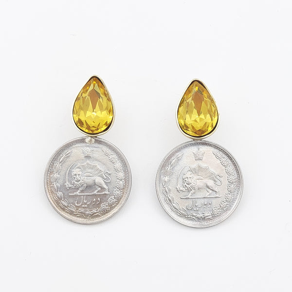 Pahlavi Coin Earrings with Tear Gem