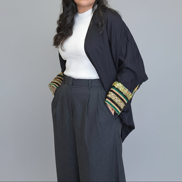 Black Naazkhaatoon Drape Jacket with Khoos-Embroidered Cuffs
