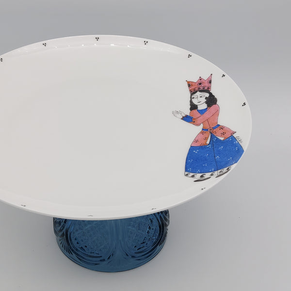 Qajar Pink Lady Round Plate with Blue Glass Stand