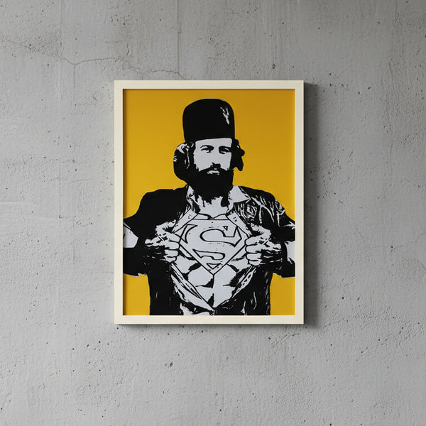 Artistic depiction of a person wearing a Superman shirt on a yellow background with black frame.