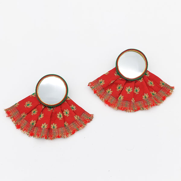 Large Red Circle Mirror Earrings with Pleated Skirt