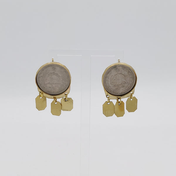 Pahlavi Coin Circle Earrings with Brass Drops