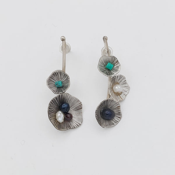 Silver Small Flowers Earrings with Pearls