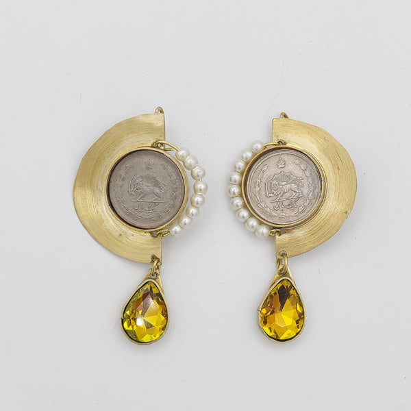 Pahlavi Coin Gem & Pearl Earrings