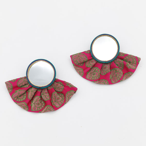 Large Pink Circle Mirror Earrings with Pleated Skirt