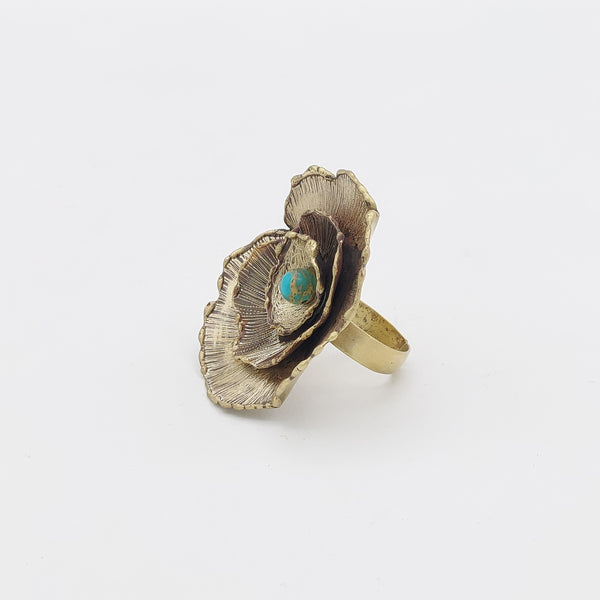 Large Brass Flower Ring with African Turquoise