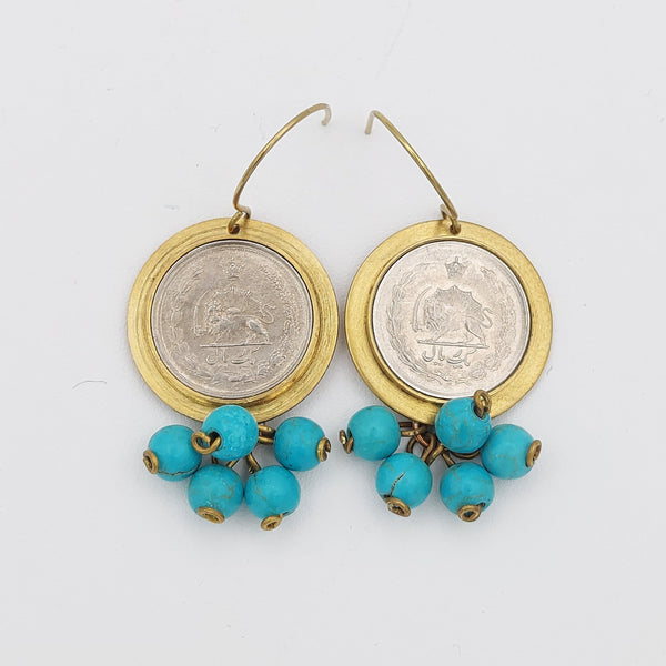 Pahlavi Coin Earrings with Cluster Drops