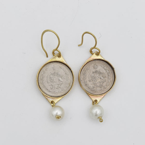Single Pearl Pahlavi Coin Earrings