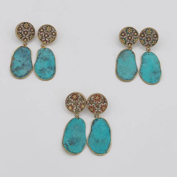 Adorn-Khatam Brass-Blue Patina Earring