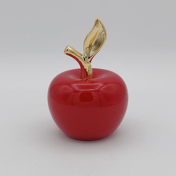 Red Ceramic Apple with Gold-Colored Leaf
