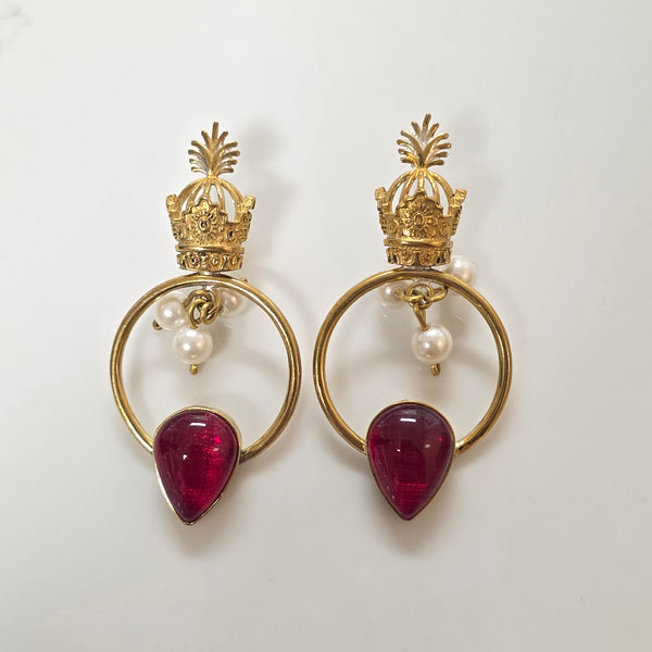 Red Crown Brass Earrings with Pearls