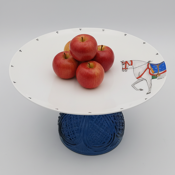 Hand Painted Horse Serving Dish & Blue Glass Stand