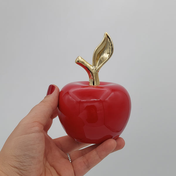 Red Ceramic Apple with Gold-Colored Leaf