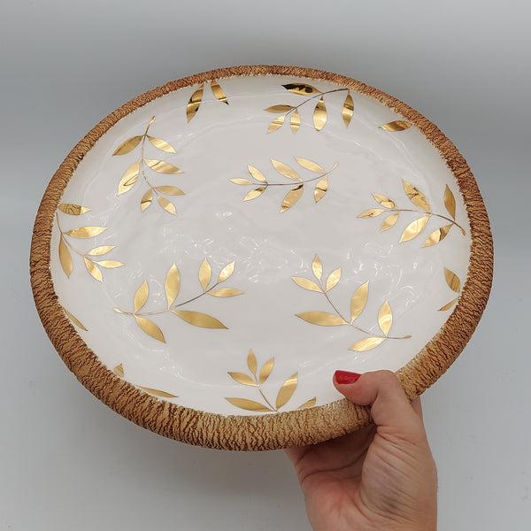Golden Leaves Ceramic & Wood Serving Platter