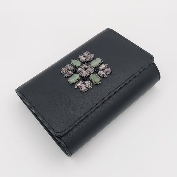 Black Leather Classic Clutch with Aquamarine