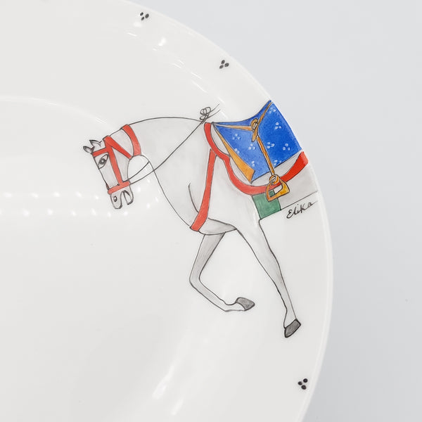 Hand Painted Horse Serving Dish & Blue Glass Stand