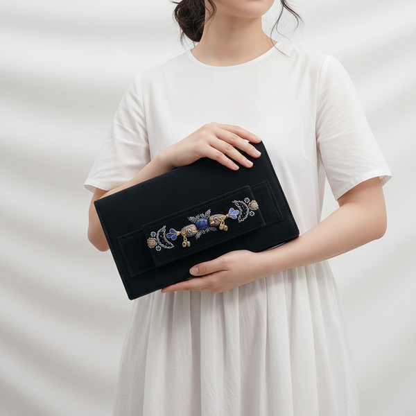 Black Amood Clutch with Lapis (Bird & Flower)
