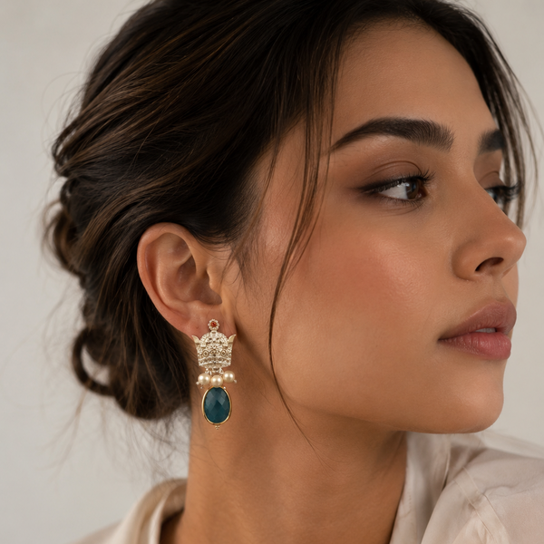 Silver Crown Earrings with Freshwater Pearls and Drop Agate
