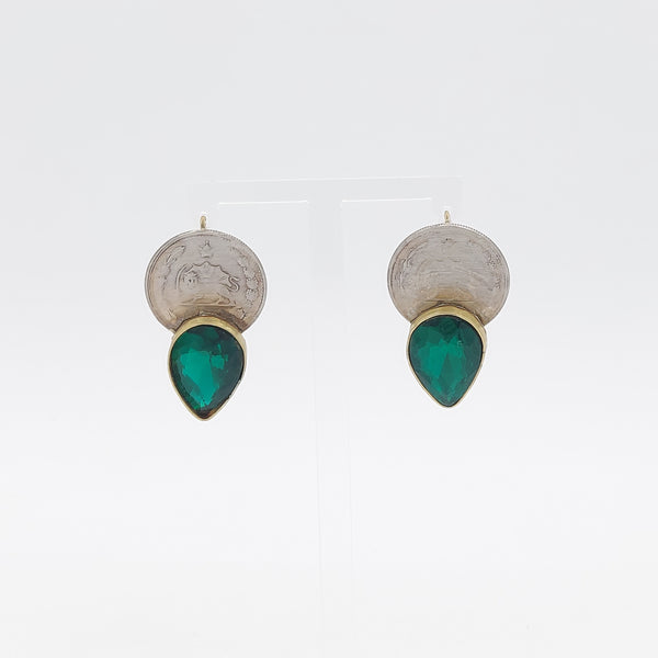 Green Tear Brass Earring with Pahlavi Coin