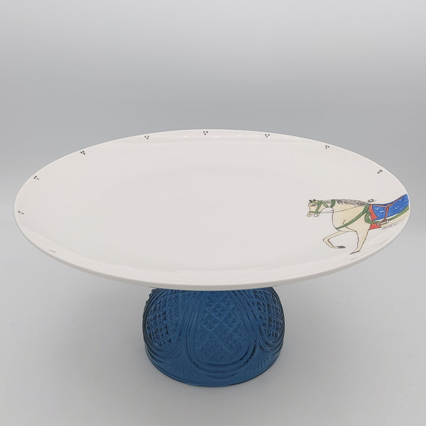 Hand Painted Beige Horse Serving Dish & Blue Glass Stand