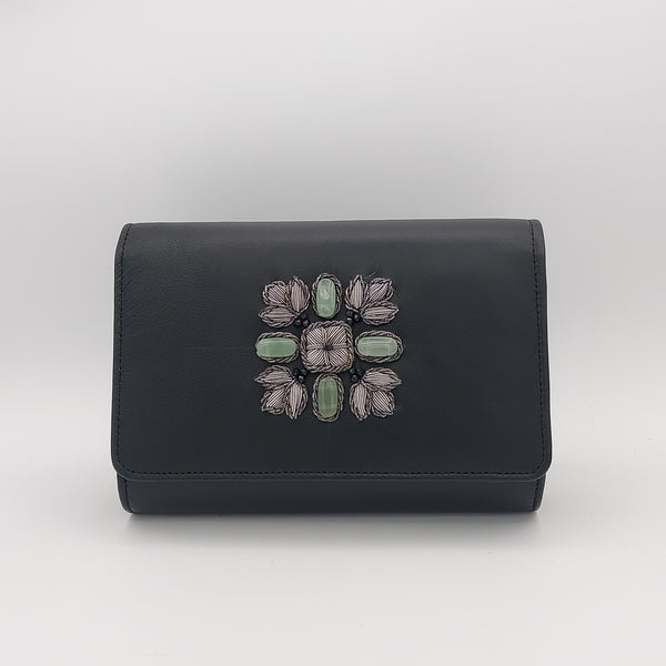 Black Leather Classic Clutch with Aquamarine