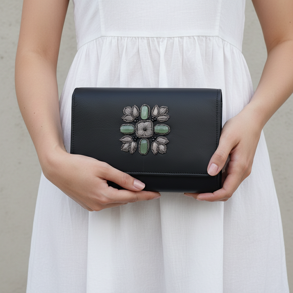 Black Leather Classic Clutch with Aquamarine