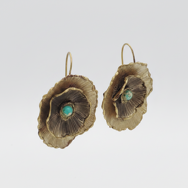 Large Brass Flower Earrings with African Turquoise
