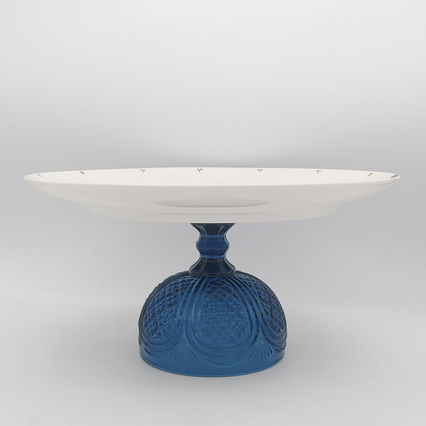Hand Painted Beige Horse Serving Dish & Blue Glass Stand