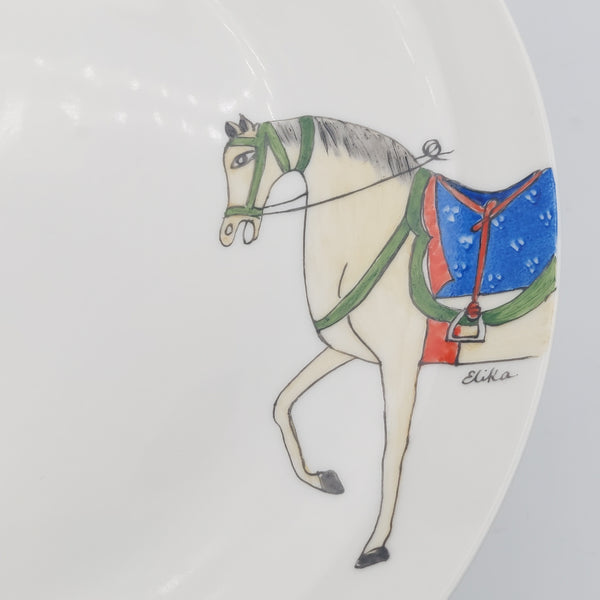 Hand Painted Beige Horse Serving Dish & Blue Glass Stand