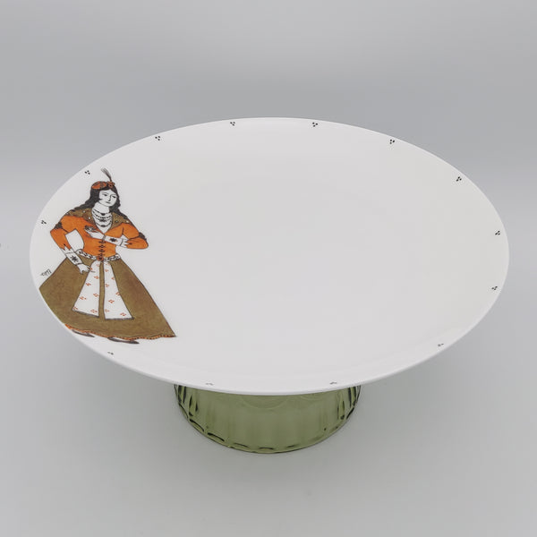 Hand Painted Qajar Lady Serving Plate with Olive Green Glass Stand
