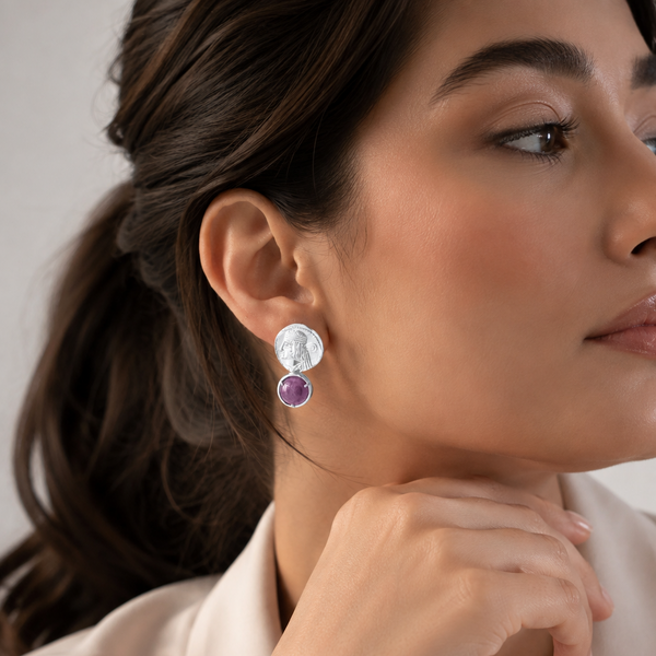 Silver Persian Sasani Soldier Earrings with Amethyst