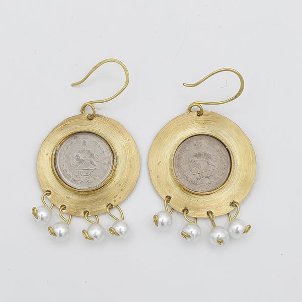 Pahlavi Coin Circle Earrings with Pearl Drops