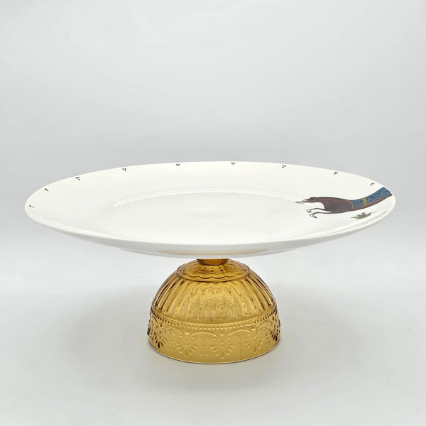 Torkaman Horses Round Plate with Amber Glass Stand
