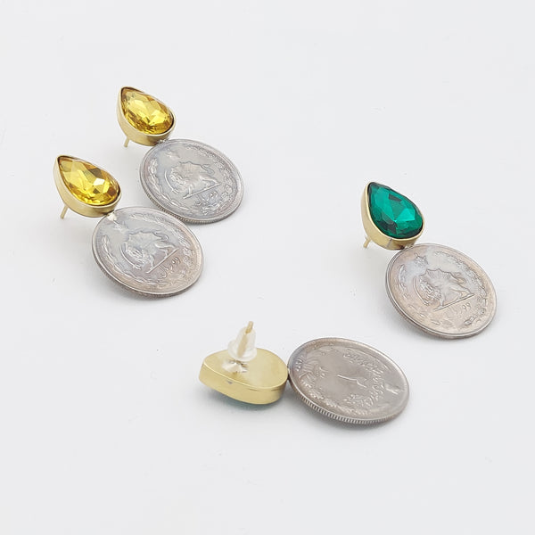Pahlavi Coin Earrings with Tear Gem