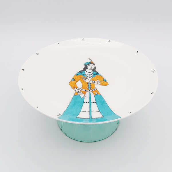Hand Painted Turquoise Qajar Lady Plate with Glass Stand