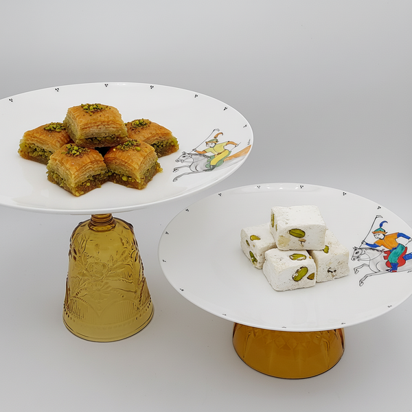 Hand Painted Chogan Serving Plate with Amber Glass Stand